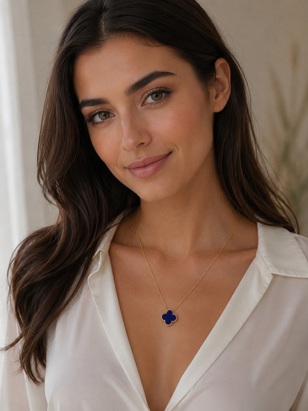 Stainless Steel Gold Chain Necklace with Blue Clover Pendant
